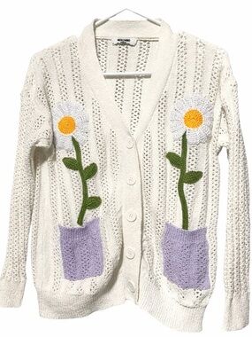 VINTAGE MOSCHINO Daisy Crochet Art Knit Coquette Cottagecore Cardigan
